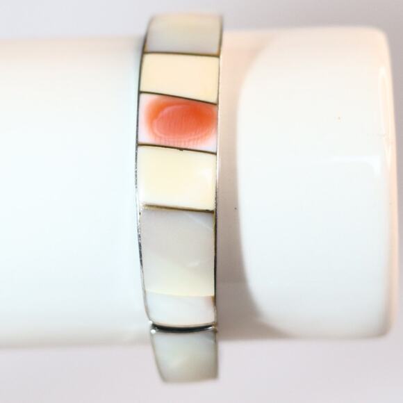 Hinged Cuff Bracelet Mother Of Pearl Shades Of Beige To Blush - Picture 3 of 11
